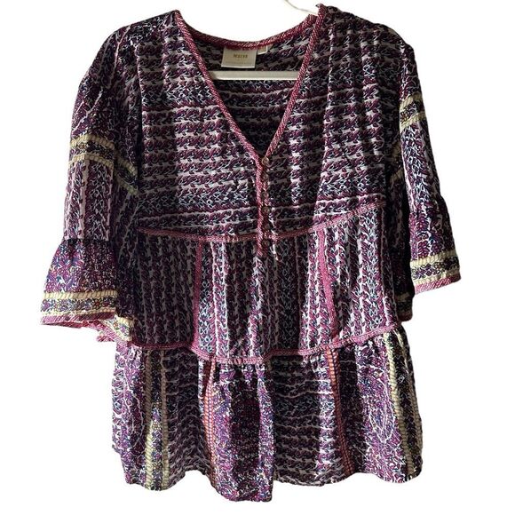 Maeve Anthropologie Women’s Size SP Lilyana Tiered Boho Tunic Blouse Top Silk - Picture 2 of 13